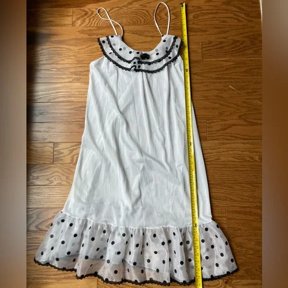 Joan Collins Vintage White Sheer Nightgown with Black Trim and Polk Dots-Large - Picture 2 of 6